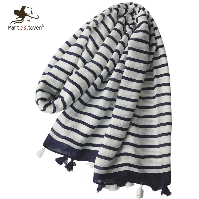 

Marte&Joven Autumn Winter Stripe Cotton Scarf for Women Large Size Elegant Warm Shawls Wraps Classic Blue & White Scarves Hijab