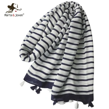 

Marte&Joven Autumn Winter Stripe Cotton Scarf for Women Large Size Elegant Warm Shawls Wraps Classic Blue & White Scarves Hijab