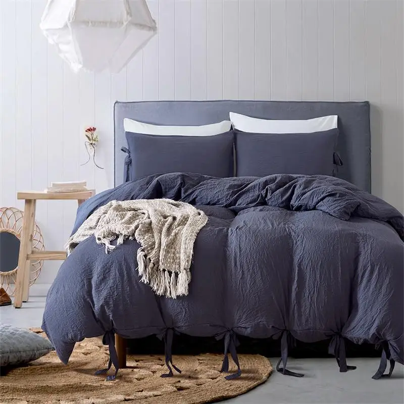 

Home textile washed solid color tie-wrap quilt cover pillowcase simple bedding set 3 - piece single double king bedding