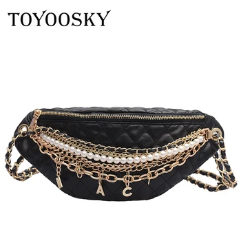 

TOYOOSKY Luxury Brand Leather Chest Handbag Quilted Plaid Women Waist Packs Phone Shoulder Bags Pearl Chain Small Belt Bag