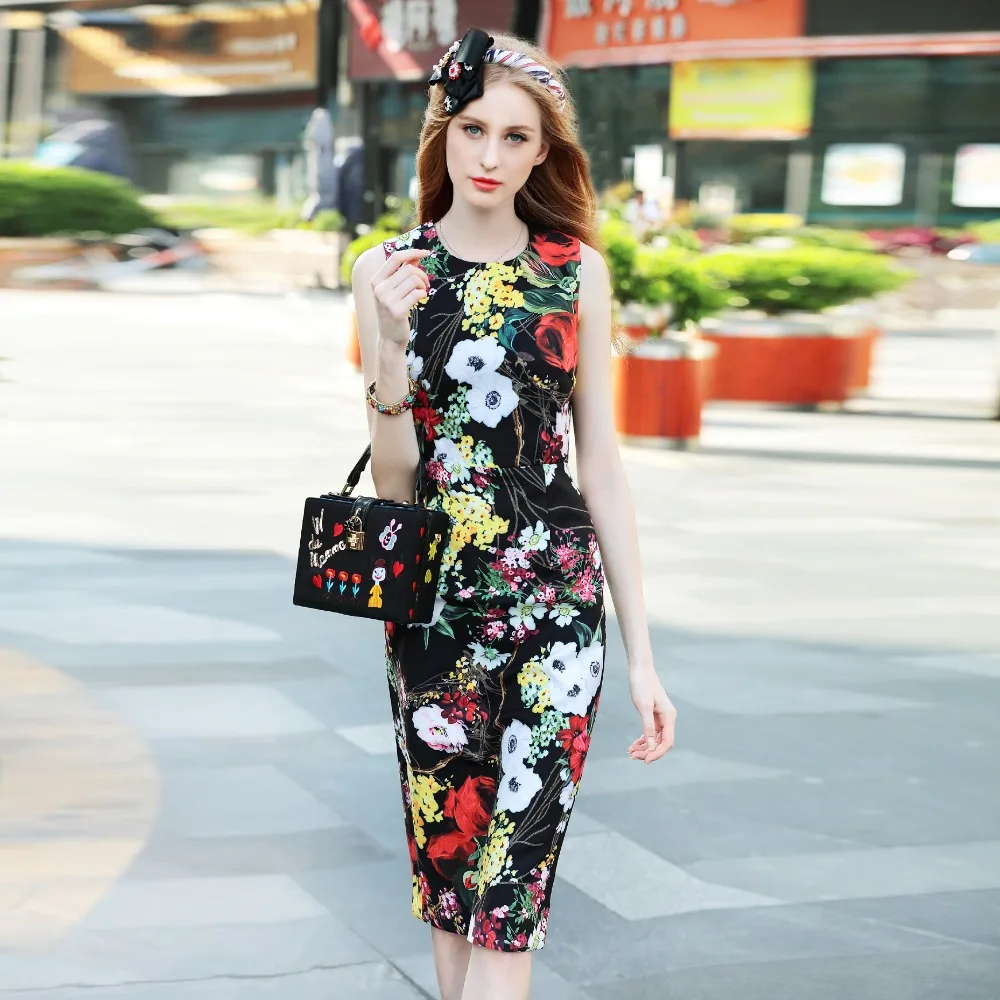 

High Quality 2017 Latest Summer New Arrival Fashion O-Neck Sleeveless Tank Flowers Print Elegant Knee-Length Dress Women