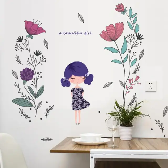 Cheap Colorful Flower Girl Pattern Wall Sticker Home Dining Room TV Background Wall Decoration Drop Shipping #0612 Cheap Colorful Flower Girl Pattern Wall Sticker Home Dining Room TV Background Wall Decoration Drop Shipping #0612