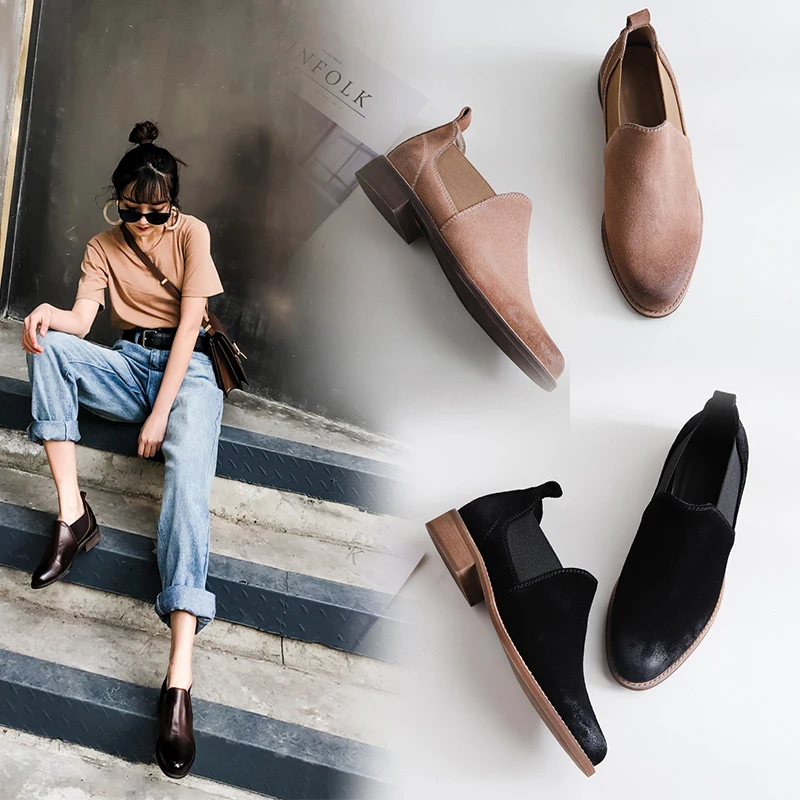 women's Genuine Leather Pumps 22-24.5 cm Low heel round toe vintage Fashion casual shoes Spring and autumn wild sexy Hand made