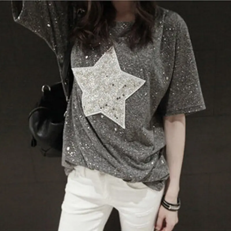 

Fashion Women T-Shirts Sequin Star Printed Top Tees Casual Tops Normal Tee Summer Short Sleeve Shirt Tops Tee Causal Short