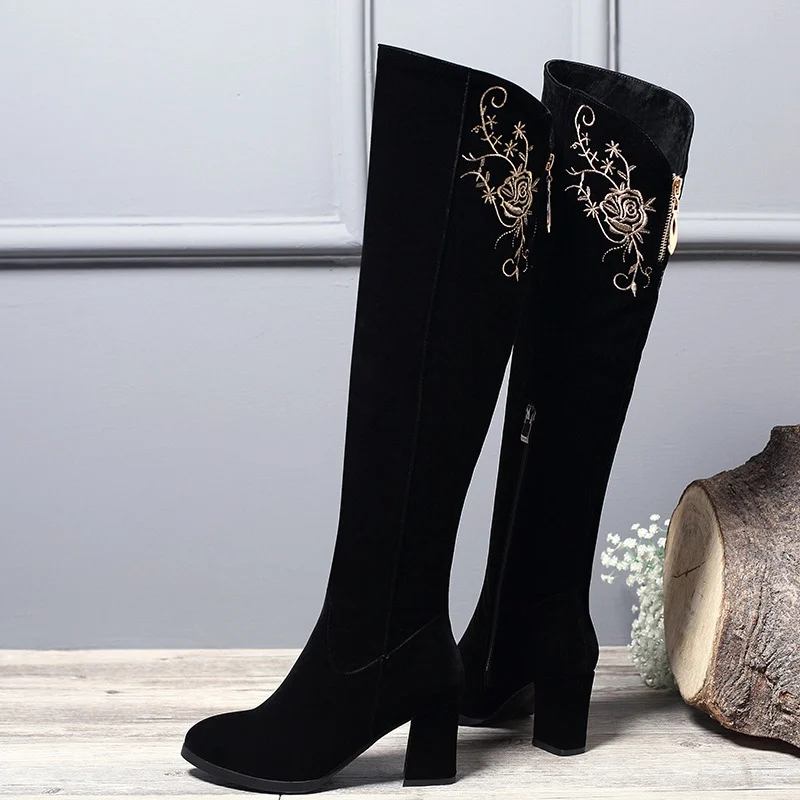 

Winter Newest Beautiful Black Suede Thin Heels Knee High Boots With Hand-made Embroidery Fashion Elegant Hot Sale Women Shoes