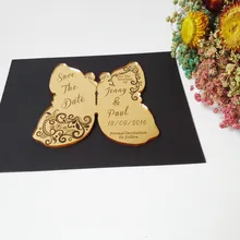 Customized 140*120mm Laser cut Wedding Invitation Engraved golden mirror Acrylic wedding Save the Date cards (1lot=100pcs)