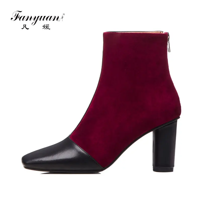 

Fanyuan Mixed Colors High Heel Women shoes Square Toe Zipper Fashion boots Spring Genuine Leather Ankle Boots Botas femininas