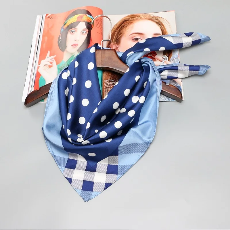 

Polka Dot Plaid Print 100% Silk Twill Scarf Wraps Hijab Large Square Silk Scarfs Shawl Hand Rolled 90*90 Female Gifts