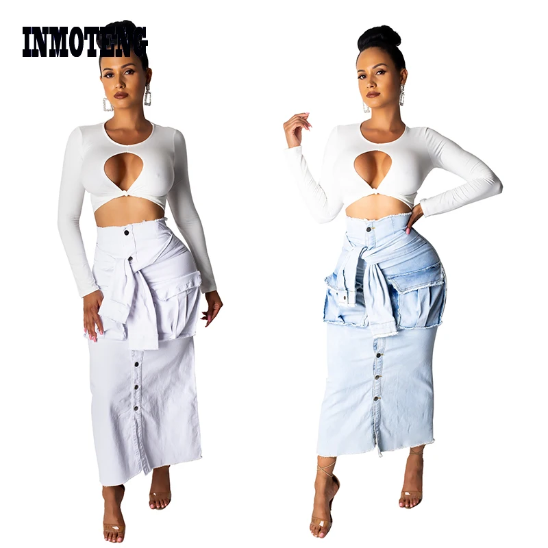 

INMOTENG Women Summer White/Blue High Waist Sleeve Tie Up Maxi Jean Skirt Vintage Fashion Denim Front Buttons Skirts With Pocket