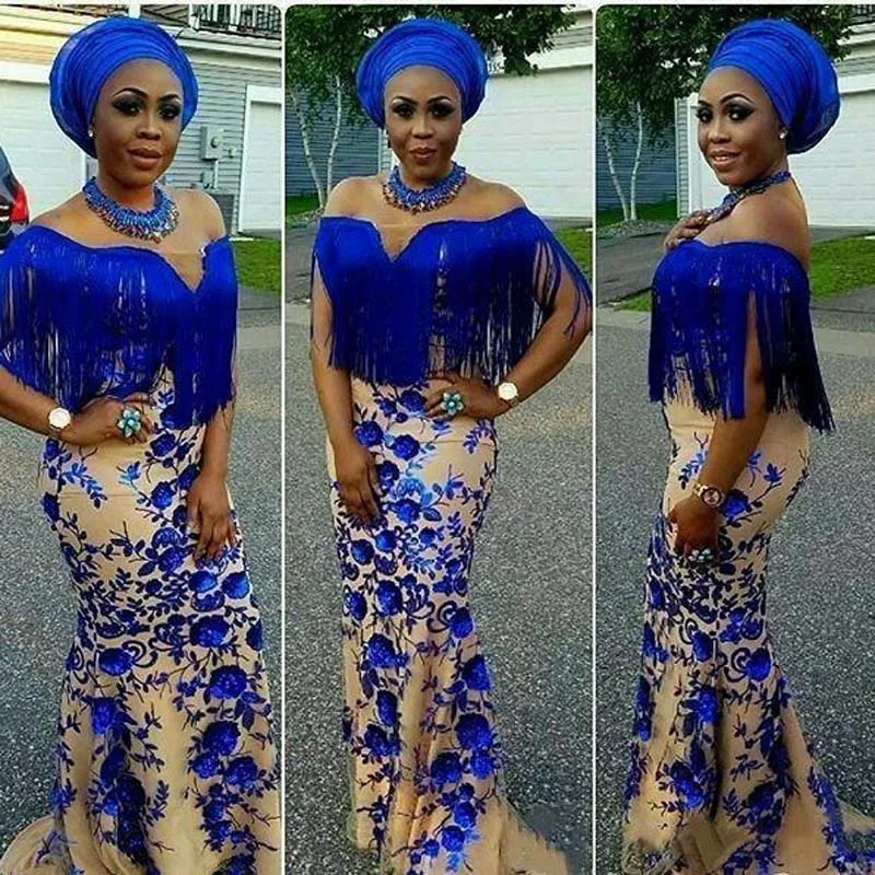

2019 Off Shoulder Mermaid African Prom Gowns Lace Applique Tassel Short Sleeves Formal Dress Sexy Aso Ebi Evening Party Dress