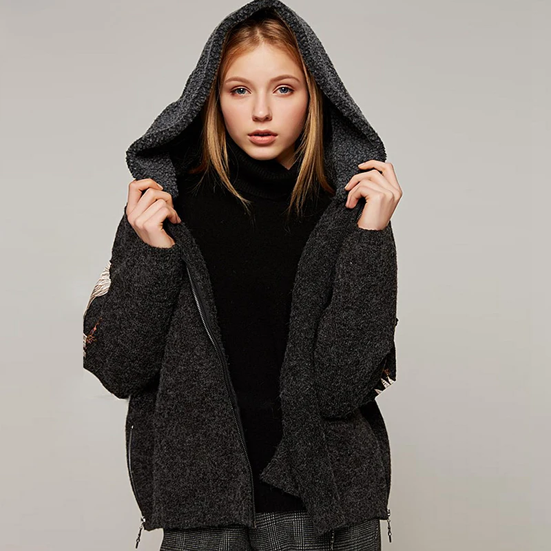 Hooded Windbreaker Women Jacket Applique Embroidery Loose