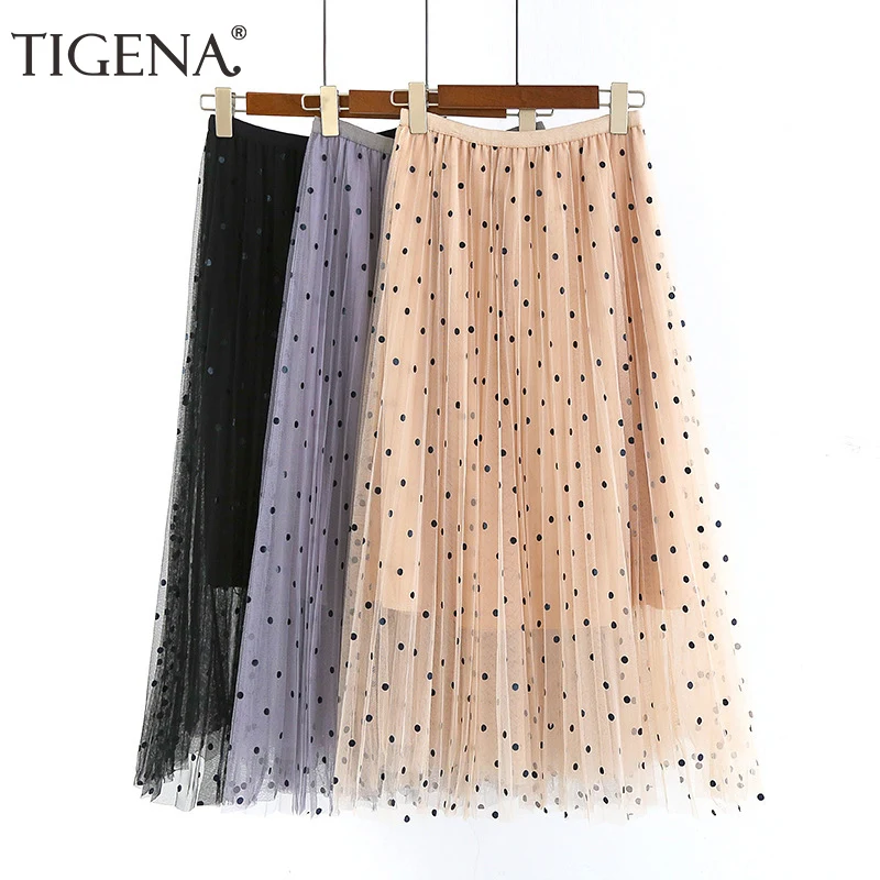 TIGENA, длинная Плиссированная Тюлевая юбка макси, Женская мода, летняя розовая юбка в горошек, Женская юбка для отдыха, пляжа, школы, Солнцезащитная юбка