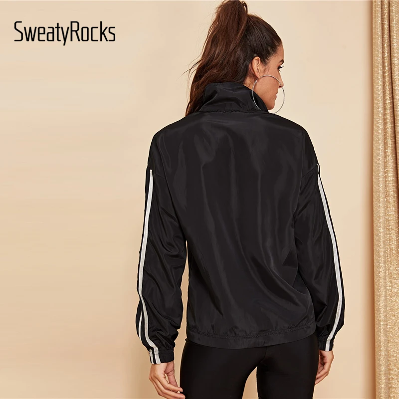 SweatyRocks черная полосатая куртка с рукавом средней длины, ветровка с высоким воротником и длинным рукавом, топы для спорта и отдыха, осенние женские куртки