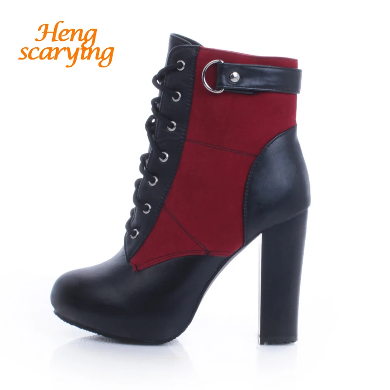 

2018 Women Ankle Fetish 10cm High Heels Platform Martin Boots Winter Warm Blue Red Boots Female Lady Block Lace Up Plush Shoes