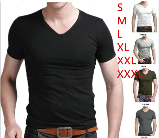Мужская тройники новое прибытие мода slim fit v-образным вырезом футболка с коротким рукавом высокого эластичный хлопок дна случайные пары