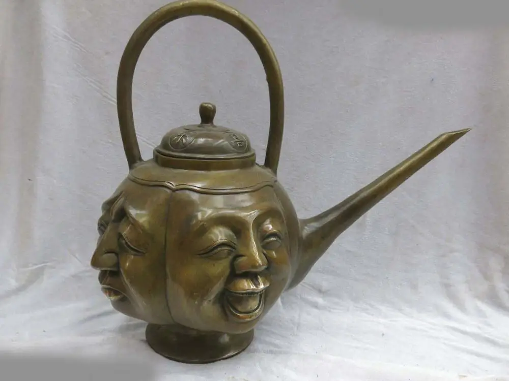 

16" China brass copper Buddhism four Expression buddha Sculpture Teapot Statue A(0505)