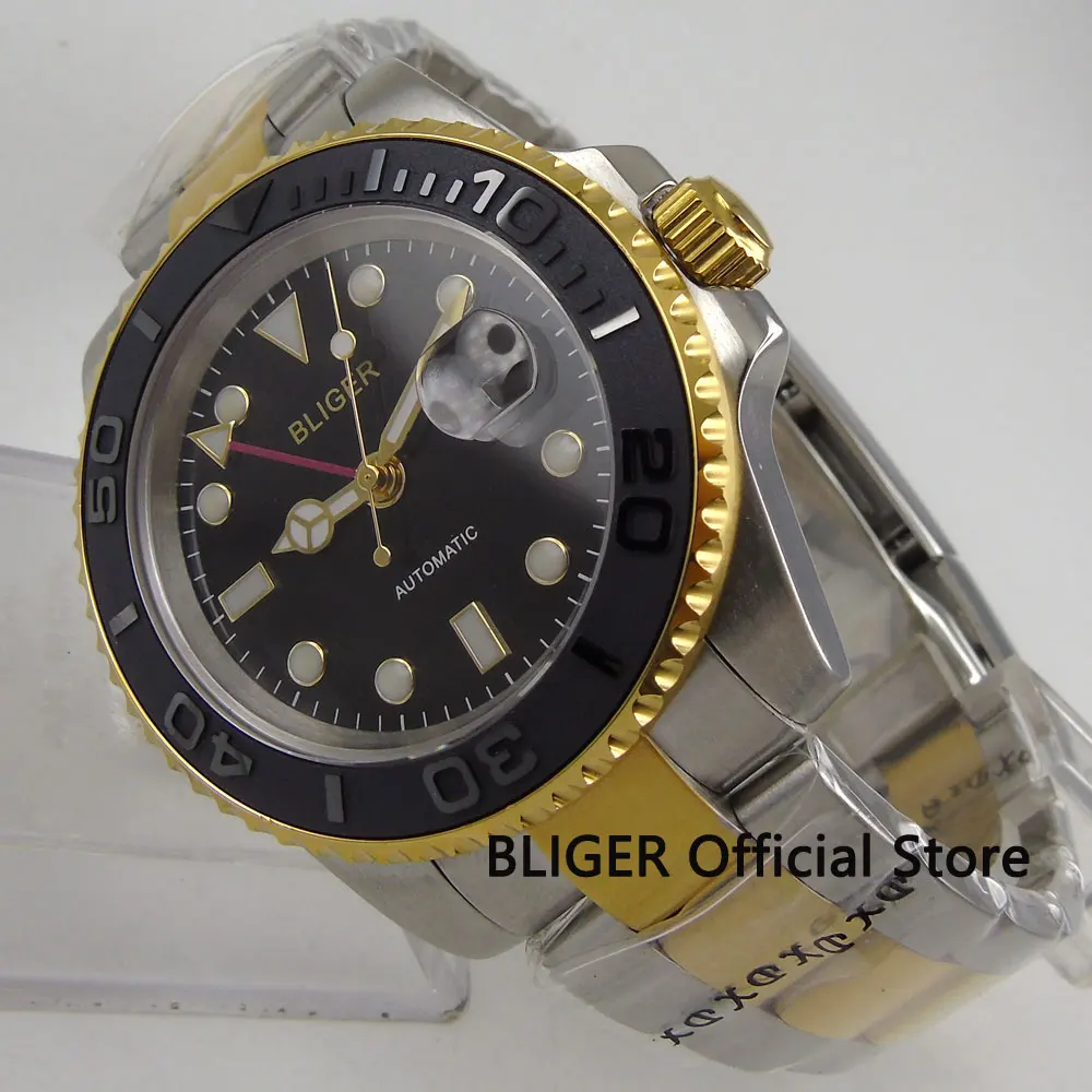 

Sapphire Crystal BLIGER 40MM Black Dial Black Ceramic Bezel GMT Function Golden Plated Case Automatic Movement Men's Watch B213