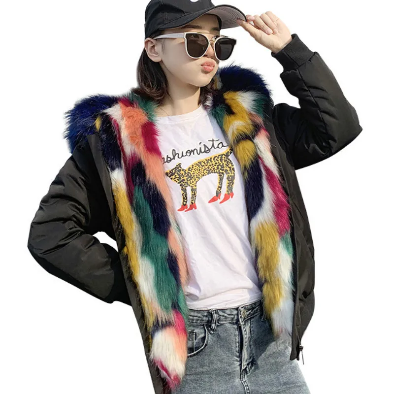 

Faux Mink Fur Hooded Collar Bomber Jacket Long Sleeve Warm Furry Parker Coat inner Rainbow Color Fur Trench Coats Cardigan Tops