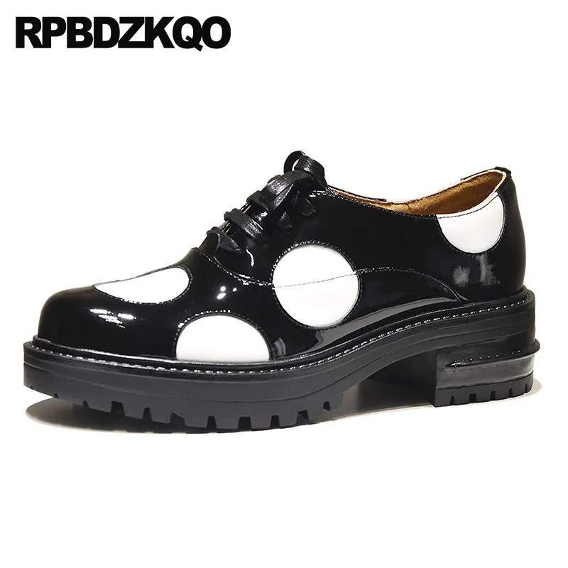 

size 4 34 patent leather lace up oxford genuine medium heels green shoes for women brand thick european round toe multi colored
