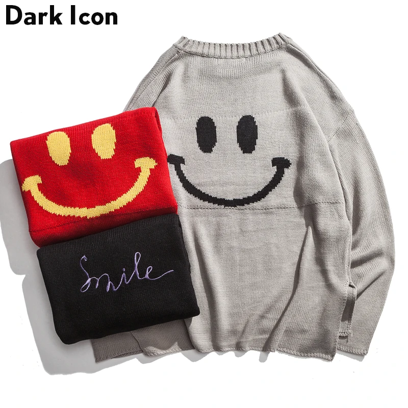 

Smile Embroidery Front Short Back Long Men's Sweater 2018 Pullover Loose Style Sweater Men 3Colors