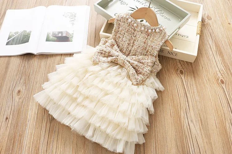 Платье из твида для маленьких девочек; многослойное платье; Vestido; осенняя одежда принцессы для детей; роскошное платье с воротником и бусинами