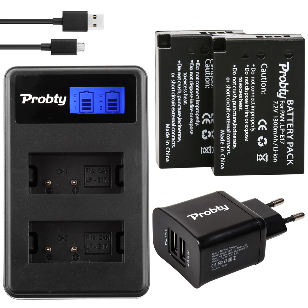 PROBTY 2PCS LP E17 LPE17 LP E17 Battery + LCD Charger + 2 Port USB Plug