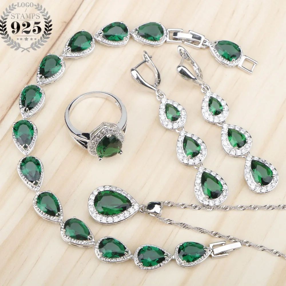 

Wedding Drop Green Zircon 925 Sterling Silver Costume Jewelry Sets Women Earrings Rings With Stones Necklace Bracelets Gift Box