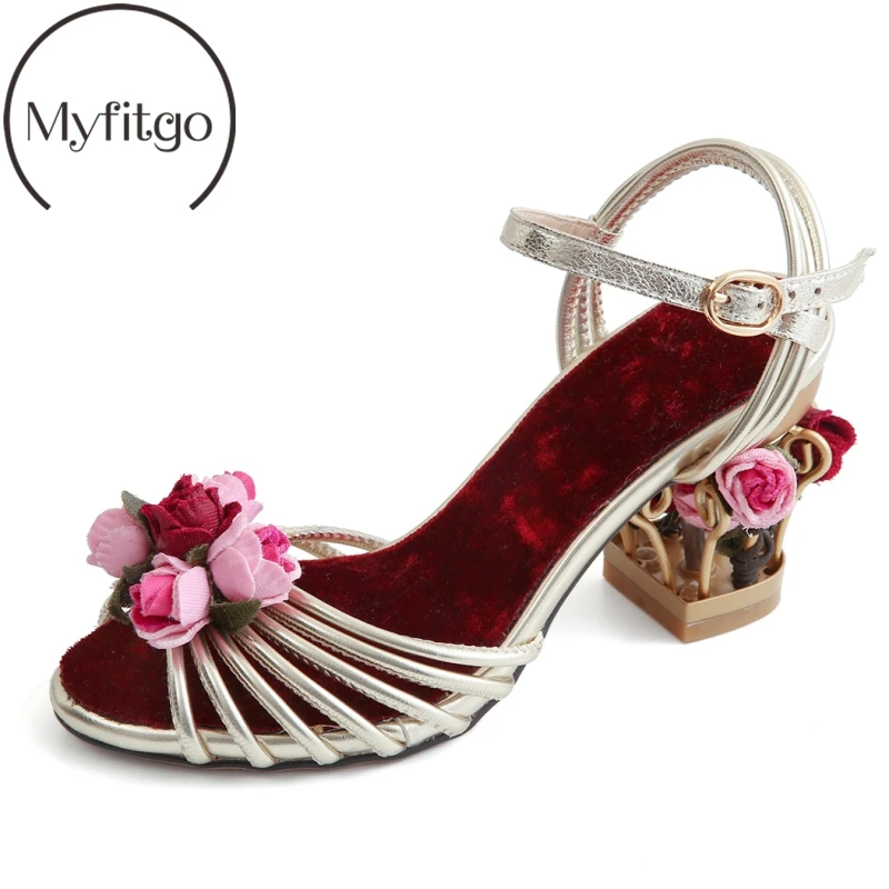 

Myfitgo Women Sandals Flower Special High Heels Shoes Woman Summer Lady Fashion Chunky Strange Heels Party Shoes Sandalias mujer
