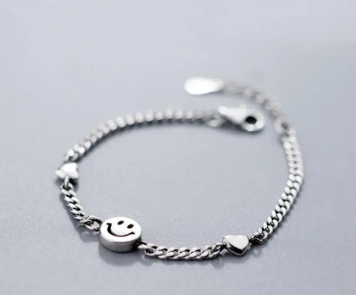 

Authentic Retro REAL. 925 Sterling Silver Fine Jewelry Crude Cuban chain Bracelet emoji &Heart Love design GTLS811
