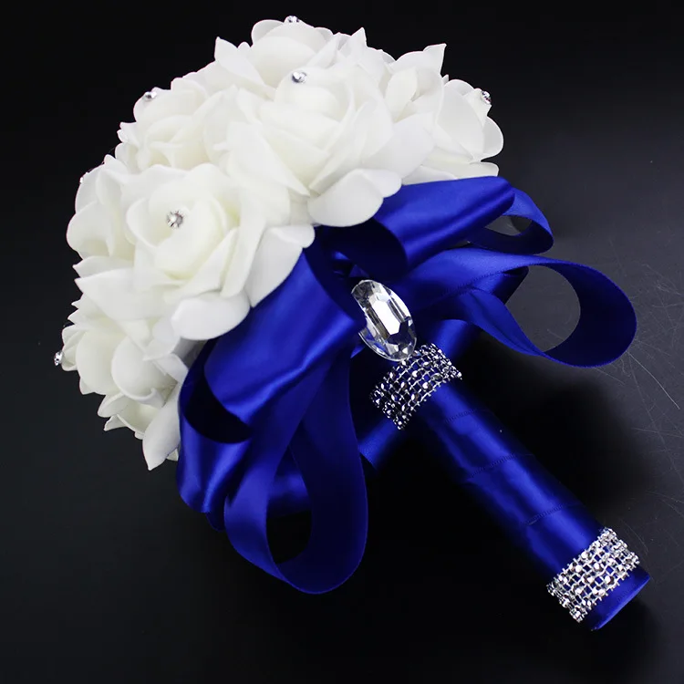 Ручной работы, красивый Сиреневый цветок невесты, свадебный букет, искусственный цветок, роза, лента, хрустальные букеты de noiva - Цвет: Royal blue