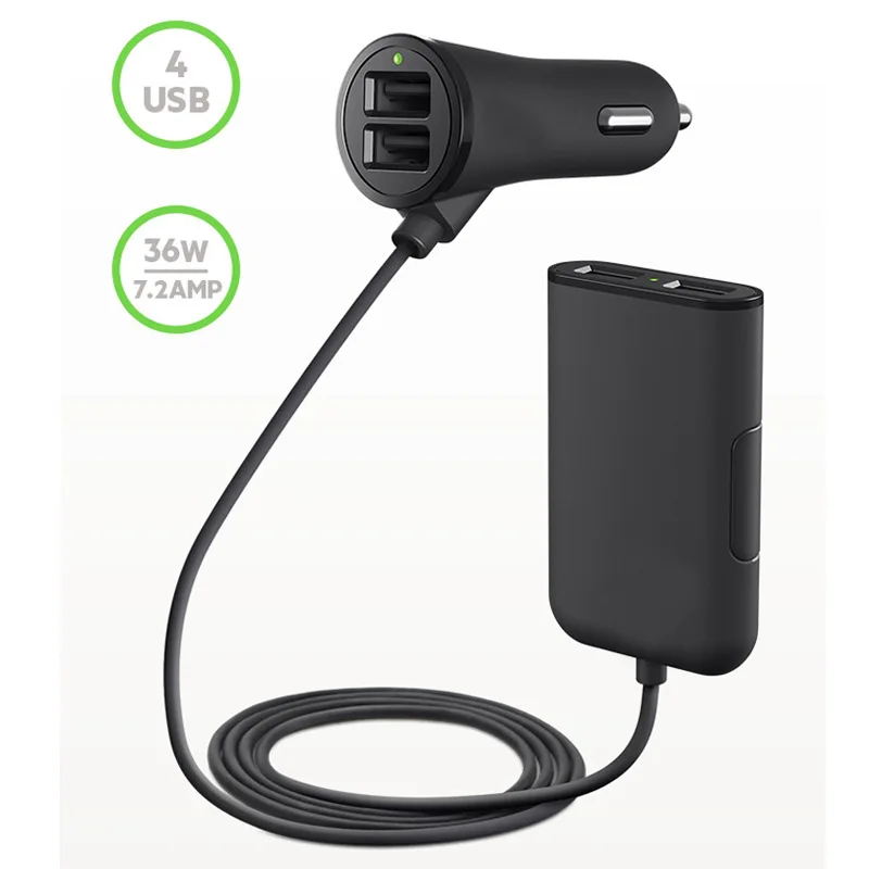 Быстрая зарядка QC 3,0 Автомобильное зарядное устройство Универсальный 4 порта USB Быстрый адаптер с 5.9ft удлинитель Кабель с зажимом для мобильного телефона