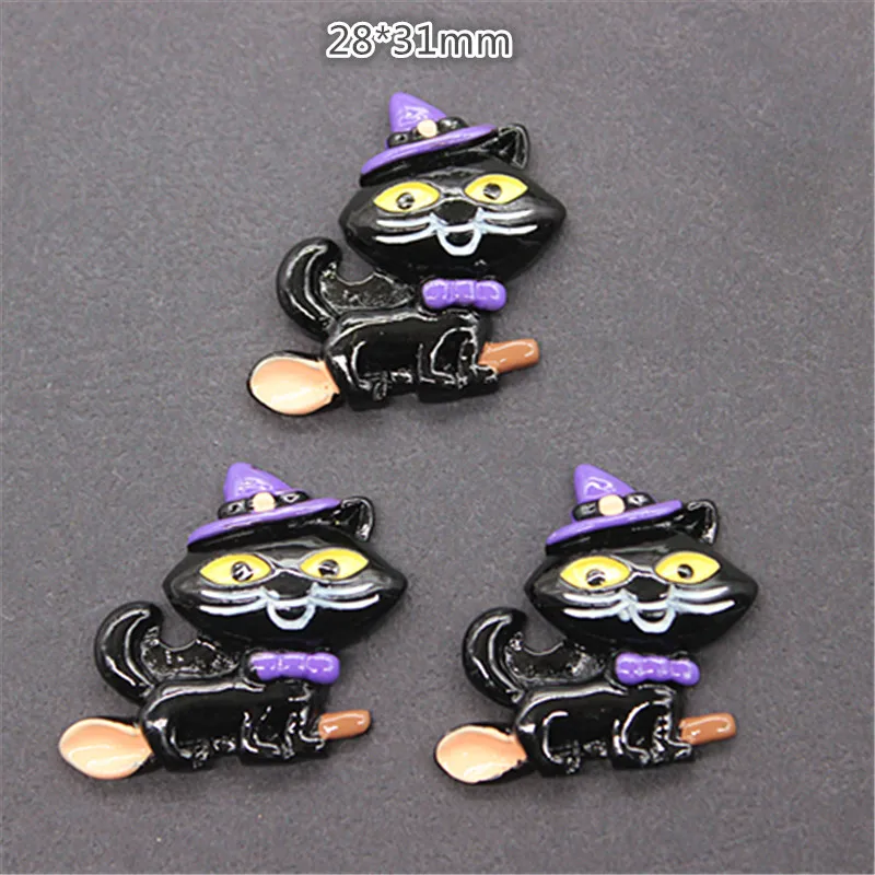 

28*31mm 10pcs Cute Black Cat Riding the Broom Resin Cabochons Flatback Crafts DIY Holiday Scrapbooking