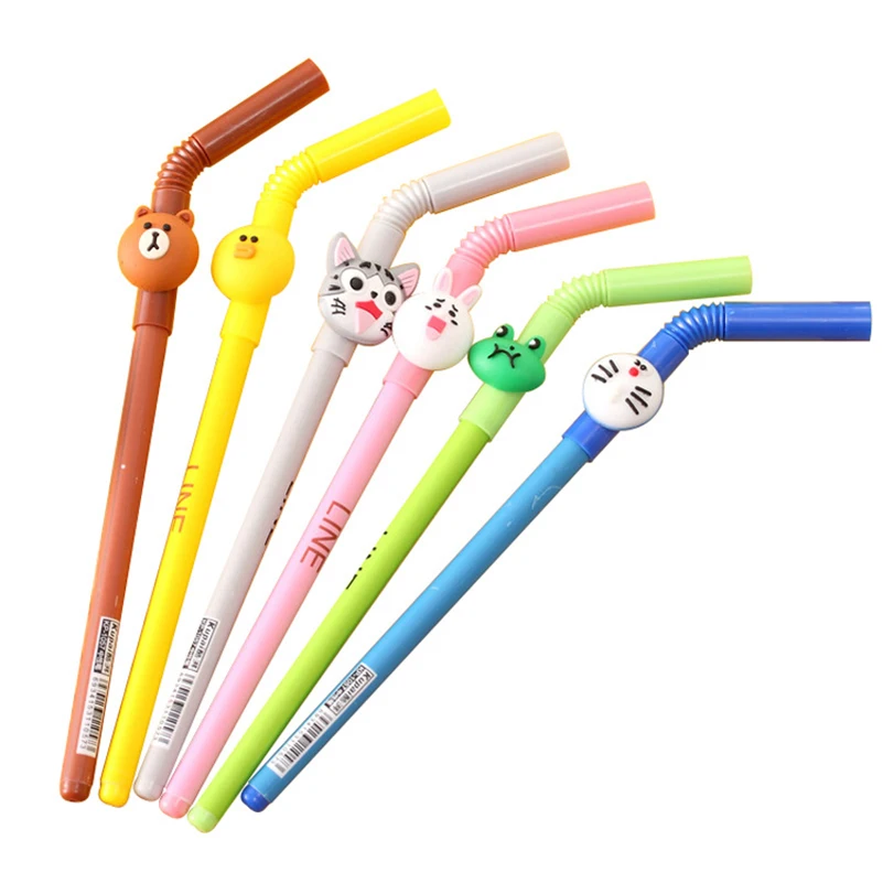 

6Pcs Cute Kawaii Cat Bear Chicken Frog Straw Gel Pen Novelty Design Animal School Office Supply Stationery Store Material Thing