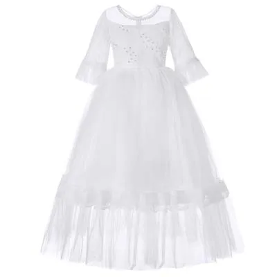 Girl One Piece Dress Half Sleeve Lace Net Yarn O Neck Beading Solid Color Princess Dress Party Wedding Dresses Dresses Aliexpress