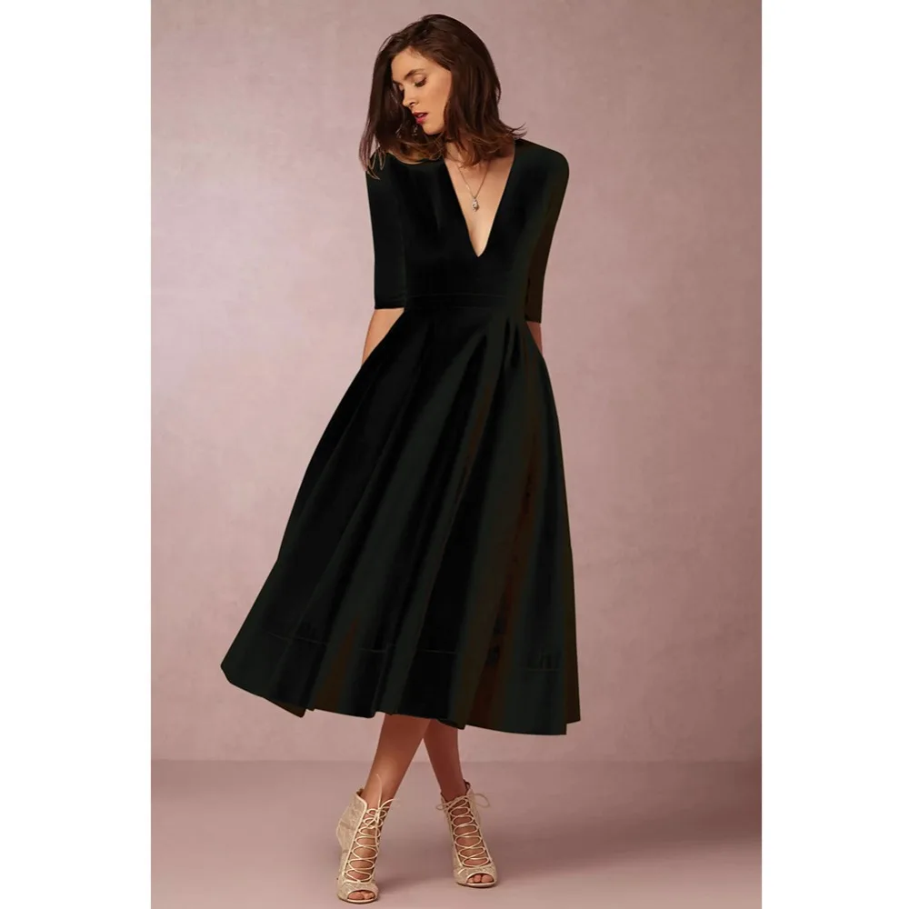 

Ladies' Long Dress 2019 Fashion Sexy Elegance Party Dress Lady Deep V-Neck Half Sleeve Solid Color Bohemian Dresses Vestidos