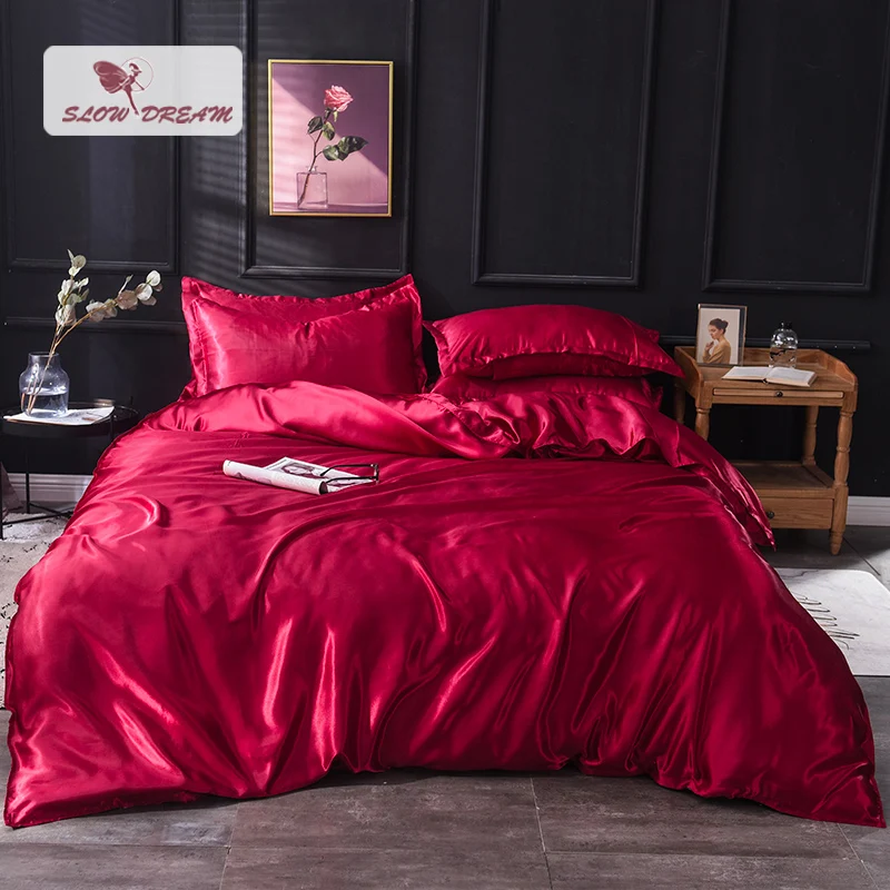 

Slowdream Wine Red 100% Silk Bedding Set Double Queen King Bed Set Bedclothe Duvet Cover Flat Fitted Sheet Pillowcases Wholesale
