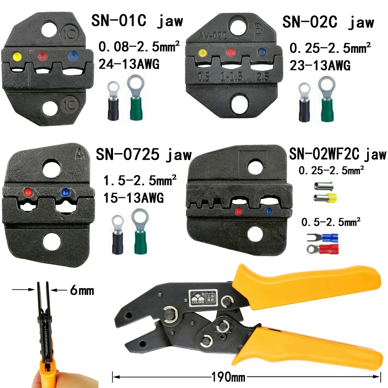

COLORS crimping pliers jaw (jaw width 6mm/pliers 190mm) for most types insulation terminal SN-01C SN-02C SN-0725 SN-02WF2C