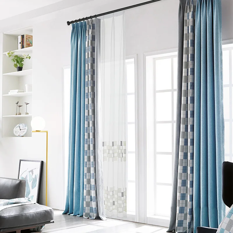 

Boy Pure Color Cotton Floating Windows Blue Simple Curtains for Living Room Bedroom Modern Shaded Flat Embroidered Curtains