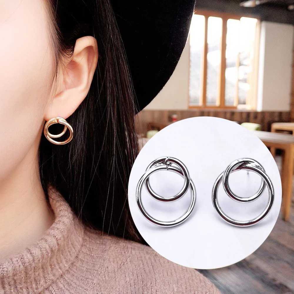 

EK712 Ne Fashion Geometric Double Round Stud Earrings For Women Gold Color Statement Earring Party Jewelry Wedding Brincos Punk