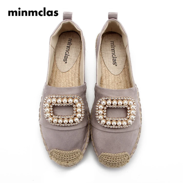 

Minmclas Alpargatas Espadrilles Pearl Comfortable Slip-on Womens Slippers Breathable Flax Hemp Canvas for Girls Rhinestones