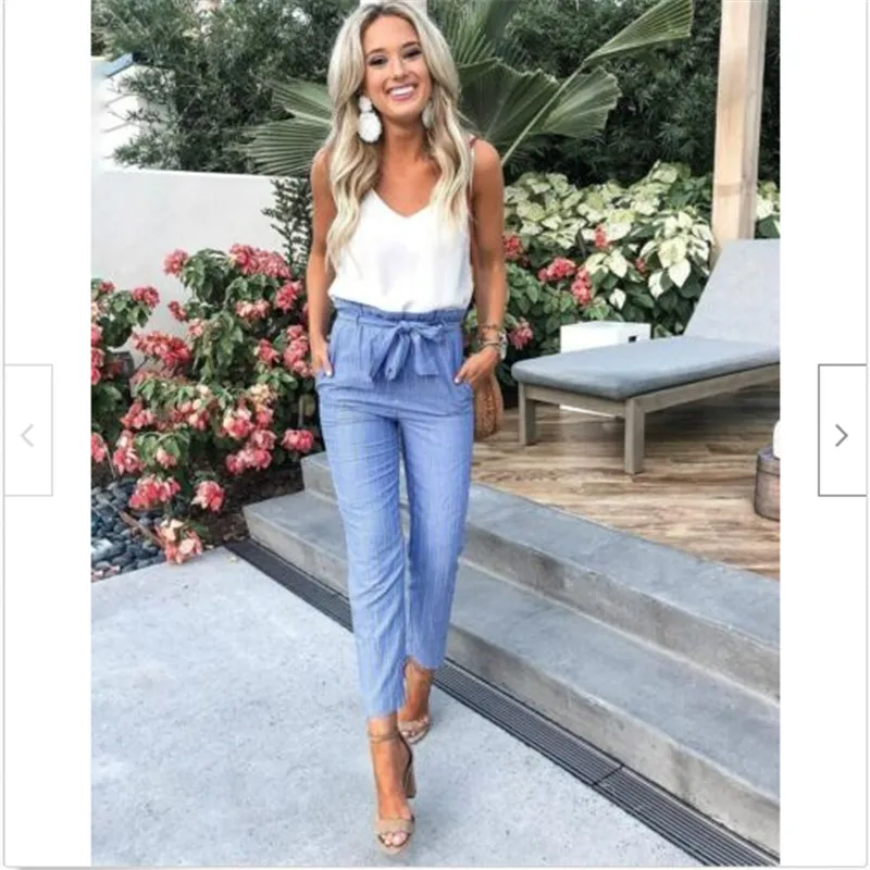 

Woman Fashion 2019 Skinny Women Striped Long Jeans Tie High Waist Ladies Pants Trouser Size 6-14 Womens Clothing Long Pants