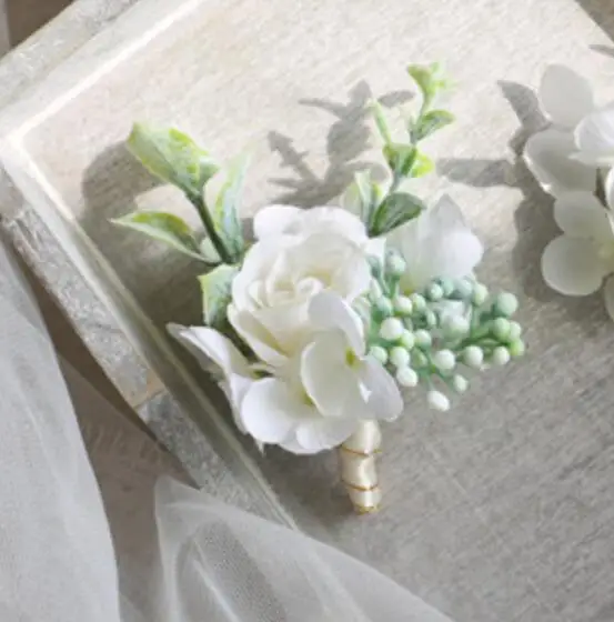 Жених бутоньерка брошь свадебные цветы Фотография натуральный белый невесты бутоньерка на запястье для подружки невесты - Цвет: Boutonniere model 2