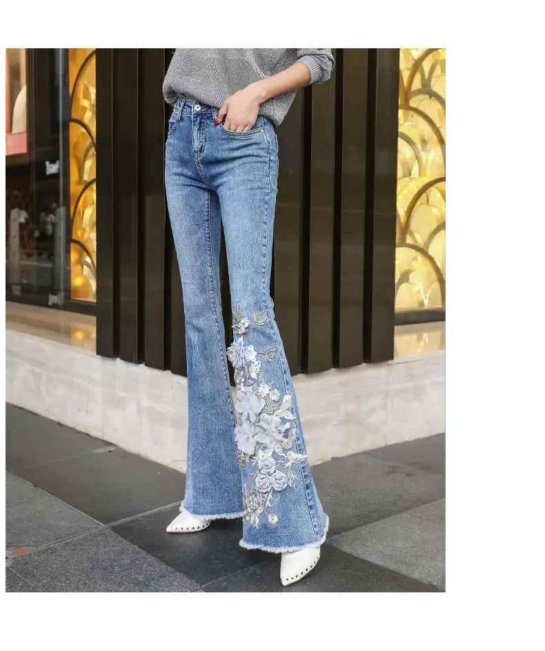 Осенние тонкие обтягивающие джинсы с объемной вышивкой в виде цветов, женские расклешенные брюки с высокой талией, повседневные джинсовые штаны feminino