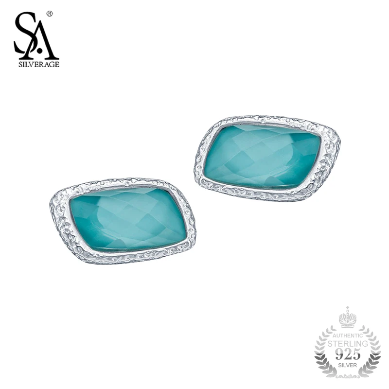 

SA SILVERAGE Silver 925 Earrings For Women Geometry Turquoise Stud Earrings Female 2018 Women Chic Fashion Accessory 2018