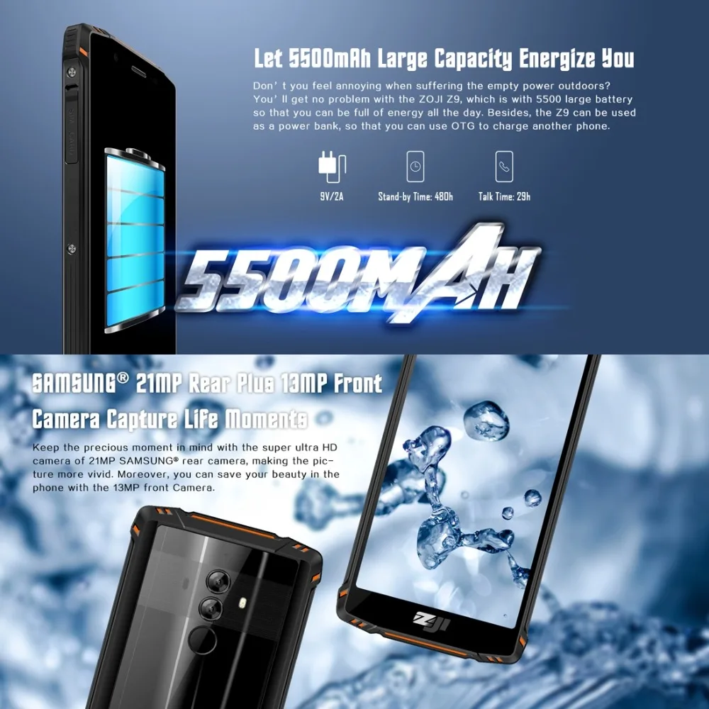 HOMTOM ZOJI Z9 IP68 водонепроницаемый мобильный телефон 5,7 дюймов 6 ГБ ОЗУ 64 Гб ПЗУ MTK6763 Восьмиядерный Android 8,1 5500 мАч Face ID Samrtphone