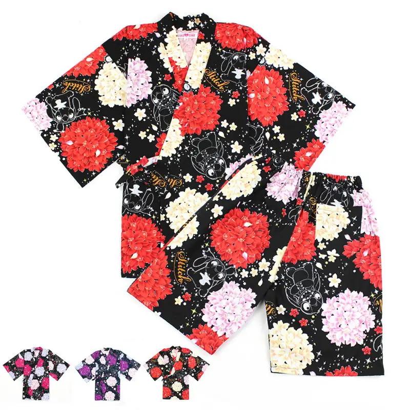 Women Lady Japanese Cotton Pajamas Set Shirt Pants Flower Patterned Kimono Yukata Japanese style