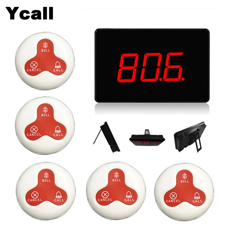 

999 Channel RF Wireless Calling System 1 Receiver Display Host 5pcs Call Button for Restaurant Guest Call System