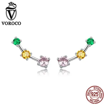 

VOROCO Genuine 100% 925 Sterling Silver Colorful Neon Stud Earrings Zircon S925 Earrings For Women Fine Silver Jewelry BKE495