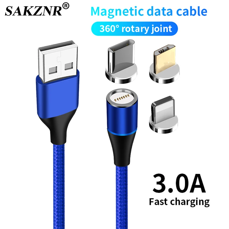 

360 LED 3A Magnetic USB Charging Cable For iPhone Samsung Xiaomi Fast Charging Micro USB Type C Cable Magnet Mobile Phone Cables