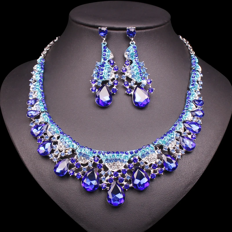 Luxury Blue Crystal Necklace Earrings Sets Silver Plated Bridal Wedding ...